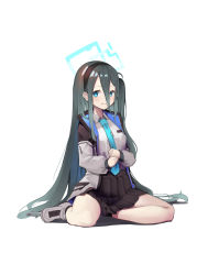 Rule 34 | 1girl, absurdly long hair, absurdres, akinoji (akiponpon27), aris (blue archive), black skirt, blue archive, blue eyes, blue hair, collared shirt, full body, halo, highres, jacket, long hair, looking at viewer, necktie, open clothes, open jacket, own hands together, seiza, shirt, shoes, simple background, sitting, skirt, smile, sneakers, solo, very long hair, white background, white shirt
