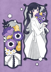 Rule 34 | 1girl, black hair, blush stickers, bouquet, bow, commentary request, covered mouth, cowboy shot, dress, flower, halftone, halftone texture, hexagram, highres, holding, holding bouquet, holding flower, long dress, long hair, long sleeves, looking back, nahara saki, original, pansy, ponytail, purple background, purple eyes, purple flower, purple pansy, solo, standing, star of david, white bow, white dress, white flower, yellow flower