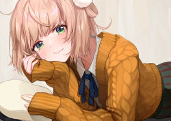 Rule 34 | 1girl, cardigan, casual, closed mouth, green eyes, hair rings, head rest, indie virtual youtuber, light brown hair, looking at viewer, orange cardigan, pillow, pom pom (clothes), ribbon, shigure ui (vtuber) (casual), shigure ui (vtuber), short hair, skirt, sleeves past wrists, solo, takuo, virtual youtuber