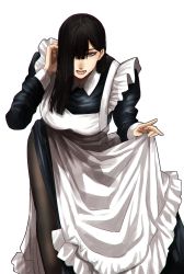 Rule 34 | 1girl, apron, black hair, black pantyhose, breasts, cowboy shot, frills, grey eyes, hair between eyes, hair over one eye, highres, hoshi san 3, long hair, long sleeves, looking at viewer, maid, maid apron, mole, mole under eye, mole under mouth, original, pantyhose, simple background, skirt, solo, white background