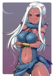 Rule 34 | 1girl, armlet, blush, breasts, center opening, colored skin, crossed arms, demon girl, dragon quest, dragon quest x, forehead, fur, horns, jewelry, large breasts, lips, long hair, lowres, mahito, markings, midriff, navel, o-ring, o-ring top, ogre (dq10), pink skin, pointy ears, red eyes, scarf, solo, spikes, white hair