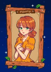 Rule 34 | 1girl, breasts, commentary, dress, earrings, english commentary, green eyes, highres, jewelry, leaf, medium breasts, medium hair, mimpish, orange dress, orange hair, penny (stardew valley), pixel art, puffy sleeves, solo, star (sky), stardew valley, upper body