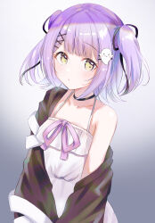 Rule 34 | 1girl, absurdres, black choker, black jacket, black ribbon, bow, choker, commentary request, dress, ghost hair ornament, gradient background, hair ornament, hair ribbon, highres, jacket, looking at viewer, off shoulder, open clothes, open jacket, pink bow, purple hair, ribbon, shinomiya runa, short hair, single bare shoulder, sleeves past fingers, sleeves past wrists, solo, tihayasan-ktkr, two side up, virtual youtuber, vspo!, white dress, x hair ornament, yellow eyes