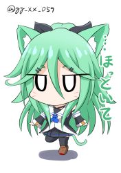 Rule 34 | 1girl, animal ears, black thighhighs, cat ears, cat tail, chibi, detached sleeves, full body, green hair, gu-rahamu omega x, hair between eyes, hair ornament, hair ribbon, hairclip, kantai collection, kemonomimi mode, long hair, looking at viewer, pleated skirt, ribbon, school uniform, serafuku, simple background, skirt, solo, standing, standing on one leg, tail, thighhighs, translated, twitter username, whiskers, white background, yamakaze (kancolle), zettai ryouiki