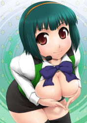 Rule 34 | 00s, 1girl, bent over, breast hold, breasts, covering privates, covering breasts, green hair, hanging breasts, headset, idolmaster, idolmaster (classic), idolmaster 1, large breasts, microphone, mole, mole under mouth, open clothes, open shirt, otonashi kotori, pencil skirt, red eyes, shirt, short hair, skirt, solo, thighhighs, zanzi, zettai ryouiki