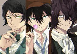 Rule 34 | 3boys, absurdres, animal, animal on shoulder, black bow, black bowtie, black hair, blue necktie, bow, bowtie, brown eyes, brown hair, brown hat, bungou stray dogs, candy, closed mouth, collared shirt, commentary request, edgar allan poe (bungou stray dogs), edogawa ranpo (bungou stray dogs), food, green eyes, green jacket, hair between eyes, hair over one eye, hand up, hat, highres, holding, holding candy, holding food, holding lollipop, jacket, kanro (3637 3637), lollipop, long sleeves, looking at viewer, male focus, multiple boys, mushitarou oguri (bungou stray dogs), neckerchief, necktie, raccoon, shirt, short hair, simple background, smile, swept bangs, upper body, white neckerchief, white shirt