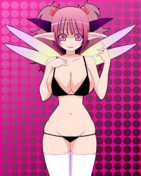 Rule 34 | 1girl, bare shoulders, bikini, black bikini, breasts, cleavage, earrings, fairy, groin, hair bobbles, hair ornament, hand on another&#039;s chest, hand on own chest, hip focus, jewelry, large breasts, nama ham (hatsuyuki), navel, necklace, original, pink eyes, pink hair, pointy ears, polka dot, smile, solo, swimsuit, thick thighs, thighhighs, thighs, twintails, white thighhighs, wide hips, wings