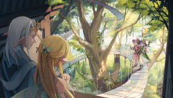 Rule 34 | 1boy, 3girls, :d, absurdres, black footwear, blue skin, blue sky, braid, brown gloves, colored skin, crown, dappled sunlight, day, elf, flower, forest, gloves, hair ornament, hair over one eye, hat, highres, holding, holding staff, long hair, looking at another, multiple girls, nature, nauxii, open mouth, outdoors, own hands together, pink hair, pixiv fantasia, pixiv fantasia last saga, pointy ears, red eyes, scenery, silver hair, sky, smile, staff, standing, string of flags, sunlight, tree, waving, witch hat