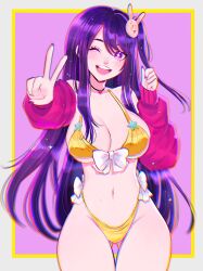 Rule 34 | 1girl, bikini, border, bow, bowtie, bra, breasts, cleavage, commentary, detached sleeves, gluteal fold, hair between eyes, hair ornament, highres, hoshino ai (oshi no ko), large breasts, long hair, nail polish, navel, one eye closed, one side up, open mouth, oshi no ko, parted bangs, pink background, puffy sleeves, purple eyes, purple hair, purple nails, rabbit hair ornament, ruinique, sidelocks, simple background, smile, solo, star-shaped pupils, star (symbol), swept bangs, swimsuit, symbol-shaped pupils, teeth, thigh gap, thong bikini, underwear, upper teeth only, v, white border, white bow, white bowtie, yellow bikini, yellow border, yellow bra