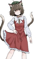 Rule 34 | 1girl, absurdres, ahoge, animal ear fluff, animal ears, blush, bow, bowtie, brown eyes, brown hair, cat ears, cat tail, chen, closed mouth, commentary request, contrapposto, earrings, eyebrows hidden by hair, fe (tetsu), feet out of frame, flat chest, gold trim, hair between eyes, hand on own hip, hat, highres, jewelry, light smile, long sleeves, looking at viewer, mob cap, multiple tails, nekomata, short hair, simple background, single earring, slit pupils, solo, straight-on, tail, touhou, two tails, white background, white bow, white bowtie