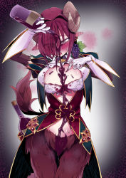 Rule 34 | 1girl, alcohol, between breasts, bottle, breast cutout, breasts, bust cup, eyebrows visible through hat, eyes visible through hair, fluffy, food, fruit, grapes, highres, horns, jewelry, large breasts, liquid, monster girl, monster girl encyclopedia, pointy ears, purple eyes, red hair, satyr, satyros (monster girl encyclopedia), segmented horns, simple background, sweat, sweatdrop, tyomoti, wine, wine bottle