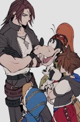 Rule 34 | 2boys, animal, belt, blue eyes, blue headwear, brown hair, chain, chain necklace, crossed arms, dalmatian, disney, dog, donald duck, final fantasy, final fantasy viii, goofy, highres, holding, holding animal, holding dog, jacket, jewelry, kingdom hearts, leather, leather jacket, leon (kingdom hearts), medium hair, multiple boys, necklace, oimo (oimkimn), scar, scar on face, shirt, sora (kingdom hearts), spiked hair, squall leonhart, square enix, white background, white shirt