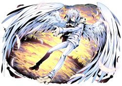 Rule 34 | 1boy, accelerator (toaru majutsu no index), albino, ambiguous gender, androgynous, angel, angel wings, closed mouth, cloud, diagonal stripes, falling feathers, feathered wings, feathers, floating, forest, from side, full body, fur-trimmed jacket, fur trim, head tilt, highres, hopetrash555, jacket, light smile, messy hair, nature, official alternate costume, outstretched arms, pale skin, pants, red eyes, sanpaku, shadow, short hair, signature, snow, solo, striped, sunlight, sunset, toaru majutsu no index, white footwear, white hair, white jacket, white pants, white wings, wide shot, wings, yellow background