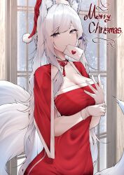Rule 34 | 1girl, absurdres, animal ear fluff, animal ears, azur lane, breasts, capelet, choker, christmas, cleavage, commentary request, dated commentary, dress, gloves, grey eyes, hat, highres, indoors, large breasts, letter, long hair, looking at viewer, merry christmas, mouth hold, red capelet, red dress, red hat, samip, santa hat, shinano (azur lane), solo, tail, white gloves, white hair, window
