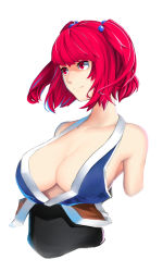 Rule 34 | 1girl, absurdres, armpits, bad id, bad pixiv id, bare shoulders, breasts, cleavage, collarbone, commentary request, cropped arms, dyun, hair bobbles, hair ornament, highres, japanese clothes, large breasts, looking afar, no bra, onozuka komachi, red eyes, red hair, sash, simple background, smirk, solo, strap gap, touhou, two side up, upper body, white background