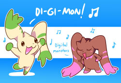 Rule 34 | closed eyes, digimon, digimon (creature), highres, horns, long ears, lopmon, music, open mouth, singing, terriermon