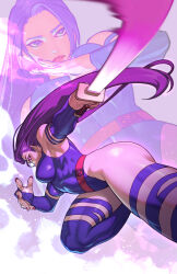 1girl bare_shoulders blue_leotard breasts curvy elbow_gloves gloves highleg highleg_leotard highres holding holding_sword holding_weapon jumping large_breasts leotard long_hair looking_at_viewer marvel psylocke purple_eyes purple_hair revealing_clothes rim_jims solo superhero_costume sword thighhighs thong_leotard weapon wide_hips x-men