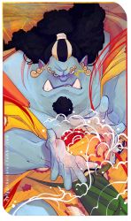 Rule 34 | 13 (dyinglikeicarus), 1boy, black hair, blue skin, bubble, colored skin, facial hair, fangs, feet out of frame, fighting stance, fins, fish boy, frown, goatee, highres, japanese clothes, jinbe (one piece), kimono, long hair, looking at viewer, male focus, monster boy, one piece, open clothes, pectorals, sideburns, solo, yellow kimono