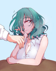 Rule 34 | 2girls, blue background, breasts, cigarette, cleavage, closed mouth, green hair, hair over one eye, head rest, holding, holding cigarette, hong meiling, kazami yuuka, large breasts, messy hair, multiple girls, one eye covered, red eyes, s-m!le yuu, short hair, smoke, touhou, upper body, wavy hair
