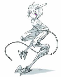 Rule 34 | 1girl, bodysuit, breasts, cable, cable tail, closed mouth, commentary request, cyborg, dated, gia, greyscale, headgear, looking at viewer, mechanical legs, mechanical tail, monochrome, original, pink eyes, short hair, signature, simple background, small breasts, smile, solo, spot color, standing, standing on one leg, tail, white background