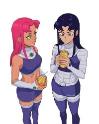Rule 34 | blackfire, breasts, closed mouth, colored sclera, colored skin, commentary, covered navel, dc comics, drinking straw, english commentary, green eyes, green sclera, highres, jenxd d, long hair, looking at another, looking down, medium breasts, multiple girls, mustard, navel, orange hair, orange skin, purple eyes, purple hair, simple background, skirt, smile, starfire, superhero costume, teen titans, thighhighs, white background