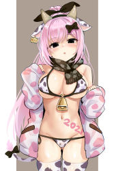 Rule 34 | 1girl, 2021, :o, animal ears, animal print, bell, bikini, black bow, black eyes, black hairband, black ribbon, blush, bow, breasts, brown background, chinese zodiac, cleavage, commentary, cow ears, cow horns, cow print, cow tail, fake animal ears, fake horns, gluteal fold, groin, hair between eyes, hair bow, hair ribbon, hairband, highres, horns, jacket, large breasts, long hair, navel, off shoulder, open clothes, open jacket, original, parted lips, pink hair, print bikini, print jacket, print thighhighs, ribbon, solo, swimsuit, symbol-only commentary, tail, thighhighs, two-tone background, unname, very long hair, white background, white jacket, white thighhighs, year of the ox