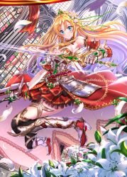 Rule 34 | 1girl, armor, armored dress, black thighhighs, blonde hair, blue eyes, breasts, dress, dual wielding, flower, gauntlets, greaves, highres, holding, lily (flower), long hair, original, petals, pointy ears, smile, solo, stained glass, sword, swordsouls, thighhighs, weapon