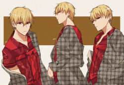 Rule 34 | 1boy, artist name, blonde hair, buttons, closed mouth, commentary request, earrings, fate/grand order, fate (series), gilgamesh (fate), highres, jacket, jacket partially removed, jewelry, long sleeves, looking at viewer, male focus, open clothes, open jacket, plaid, plaid jacket, red eyes, short hair, short sleeves, shu (oshigoto boshuuchuu), upper body