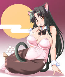 Rule 34 | 1girl, animal ears, blush, breasts, brown eyes, cat ears, cat girl, cat tail, cleavage, female focus, green hair, huge breasts, kittysuit, long hair, milk (tonpuu), nontraditional playboy bunny, original, pantyhose, sitting, solo, tail, tonpuu, wrist cuffs