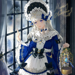 Rule 34 | 1girl, 2018, animal, bad id, bad pixiv id, bird, birdcage, black bow, blue choker, blue dress, blue eyes, bluebird, bow, cage, choker, closed mouth, cowboy shot, curtains, dress, frilled dress, frills, hands up, head tilt, headdress, holding, indoors, jewelry, kinokohime, leaf, long dress, long hair, long sleeves, looking to the side, merry christmas, original, ribbon choker, sidelocks, smile, solo, standing, white hair, wide sleeves, window