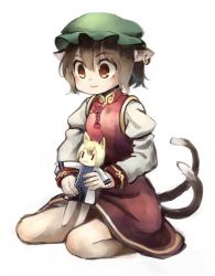 Rule 34 | :3, :x, animal ears, brown eyes, brown hair, cat ears, cat tail, character doll, chen, earrings, green hat, hat, jewelry, kukkuru, long sleeves, mob cap, multiple tails, nekomata, short hair, simple background, single earring, solo, tail, touhou, two tails, white background, yakumo ran, | |
