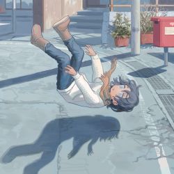 Rule 34 | 1girl, absurdres, black hair, blue eyes, boots, brown footwear, brown scarf, commentary request, day, denim, floating hair, full body, highres, jeans, long sleeves, mailbox (incoming mail), midair, muji (uimss), original, outdoors, pants, parted lips, plant, potted plant, road, scarf, shadow, short hair, solo, street, sweater, white sweater