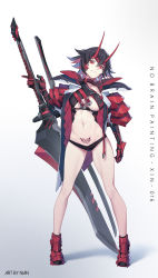 Rule 34 | 1girl, armor, artist name, black hair, breasts, full body, gluteal fold, heart, heart tattoo, highres, holding, holding sword, holding weapon, horns, huge weapon, large breasts, looking at viewer, navel, nian (zhanian), original, pubic tattoo, red eyes, short hair, solo, standing, sword, tattoo, underboob, watermark, weapon