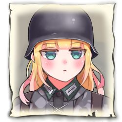 Rule 34 | 1girl, blonde hair, camouflage, camouflage jacket, closed mouth, company of heroes, german army, green eyes, hat, helmet, jacket, long hair, looking at viewer, lowres, military, military hat, military uniform, original, panzerfusilier (company of heroes), portrait, simple background, solo, transparent background, uniform, white background, world war ii, zhainan s-jun
