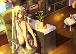 Rule 34 | 1girl, aqua eyes, aqua hair, barefoot, blush, book, bright (long-ago), chair, coffee mug, cup, desk, hatsune miku, indoors, keyboard (computer), lamp, long hair, looking at viewer, monitor, mug, office chair, plant, potted plant, solo, speaker, swivel chair, thighs, trash can, twintails, vocaloid