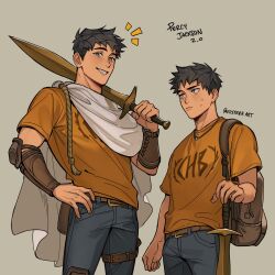 Rule 34 | 2boys, age comparison, bags under eyes, belt, black hair, brown bag, cape, character name, closed mouth, commentary, cowboy shot, english commentary, etceteraart, gauntlets, grey background, grey eyes, grey pants, grin, highres, holding, holding sword, holding weapon, male focus, multiple boys, orange shirt, over shoulder, pants, percy jackson, percy jackson and the olympians, shirt, short hair, short sleeves, smile, standing, sweat, sword, sword over shoulder, twitter username, weapon, weapon over shoulder, white cape