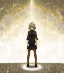 Rule 34 | 1girl, blonde hair, blouse, clothes lift, cloud, full body, highres, looking at viewer, original, pantyhose, rain, serious, shirt, shoes, short hair, short sleeves, skirt, skirt lift, sky, solo, standing, travo