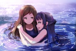 Rule 34 | 10s, 2girls, akame (akamiru), bad id, bad pixiv id, blue eyes, blue hair, blush, bow, brown eyes, brown hair, carrying, collarbone, hair bow, half updo, hand on shoulder, idolmaster, idolmaster million live!, kitazawa shiho, long hair, looking at another, looking to the side, mogami shizuka, multiple girls, one-piece swimsuit, open mouth, ripples, school swimsuit, sidelocks, sparkle, sweatdrop, swept bangs, swimsuit, water, wavy hair, yuri