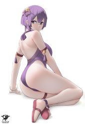 Rule 34 | 1girl, absurdres, ass, bare shoulders, bernadetta von varley, blush, breasts, cameltoe, embarrassed, feet, fire emblem, fire emblem: three houses, from behind, highres, kaos art, looking at viewer, looking back, medium breasts, nintendo, one-piece swimsuit, purple eyes, purple hair, purple one-piece swimsuit, sandals, shiny skin, short hair, sideboob, simple background, sitting, solo, swimsuit, thighs, white background, yokozuwari