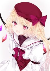 Rule 34 | 1girl, :d, bad id, bad pixiv id, beret, blonde hair, bow, crystal, dress, fang, flandre scarlet, frilled sailor collar, frills, gradient background, grey background, hair between eyes, hair bow, hat, highres, juliet sleeves, long hair, long sleeves, looking at viewer, nanase nao, one side up, open mouth, puffy sleeves, purple bow, red eyes, red hat, sailor collar, sailor dress, smile, solo, touhou, white background, white dress, white sailor collar, wings