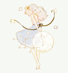 Rule 34 | 1girl, arms behind back, artist name, barefoot, blue dress, constellation, dress, english text, from behind, grey hair, holding, long hair, moon, original, simple background, tofuvi, wavy hair