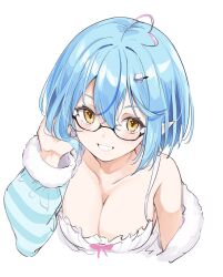 Rule 34 | 1girl, absurdres, ahoge, anbasa (amaneyuz13), blue hair, blue jacket, blush, bob cut, breasts, camisole, character hair ornament, cleavage, colored tips, daifuku (yukihana lamy), double-parted bangs, frilled camisole, frills, from above, fur-trimmed jacket, fur trim, glasses, grin, hair between eyes, hair ornament, hairclip, heart, heart ahoge, highres, hololive, jacket, large breasts, looking at viewer, messy hair, multicolored hair, official alternate costume, official alternate hair length, official alternate hairstyle, pajamas, pointy ears, semi-rimless eyewear, single bare shoulder, sleepwear, smile, solo, streaked hair, striped clothes, striped jacket, virtual youtuber, white camisole, yellow eyes, yukihana lamy, yukihana lamy (loungewear)