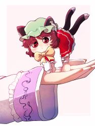 Rule 34 | all fours, animal ear fluff, animal ear piercing, animal ears, bow, brown eyes, brown hair, cat ears, cat tail, chen, dress, dungeon toaster, earrings, frilled dress, frilled sleeves, frills, green headwear, hands on floor, hat, highres, jewelry, long sleeves, mob cap, multiple tails, nail polish, nekomata, puffy long sleeves, puffy sleeves, red dress, short hair, single earring, socks, tail, touhou, two tails, white socks, wide sleeves, yakumo ran