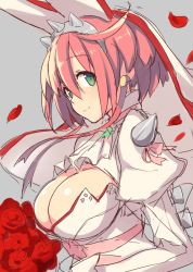 Rule 34 | 1girl, breasts, cleavage, earrings, elphelt valentine, from side, green eyes, grey background, guilty gear, guilty gear xrd, hairband, hiraga matsuri, hirasato, jewelry, large breasts, looking at viewer, pink hair, puffy sleeves, short hair, sketch, smile, solo, spikes, upper body, veil