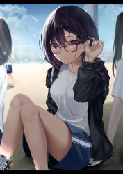 Rule 34 | 4girls, absurdres, black hair, black jacket, blue shorts, blush, braid, breasts, glasses, highres, jacket, large breasts, long hair, long sleeves, looking at viewer, multiple girls, open clothes, open jacket, original, purple eyes, shirt, short hair, shorts, sitting, solo focus, twin braids, white shirt, yufou