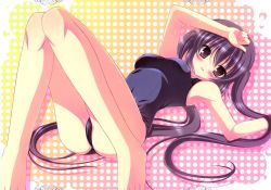 Rule 34 | 1girl, armpits, barefoot, black hair, blush, brown eyes, cameltoe, feet, foreshortening, highres, k-on!, long hair, lying, nakano azusa, one-piece swimsuit, school swimsuit, solo, swimsuit, twintails