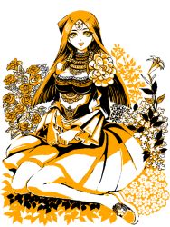 Rule 34 | 1girl, breasts, flower, ishizu ishtar, leaf, long hair, long sleeves, looking at viewer, medium breasts, monochrome, open mouth, orange theme, plant, saccharin, shoe flower, shoes, smile, solo, yu-gi-oh!, yu-gi-oh! duel monsters