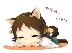 Rule 34 | 10s, 1girl, animal ears, bad id, bad pixiv id, bare shoulders, brown hair, cat ears, cat tail, chibi, detached sleeves, hairband, hamada (super tachioyogi kyousou), hiei (kancolle), japanese clothes, kantai collection, kemonomimi mode, nontraditional miko, personification, short hair, solo, tail, translated