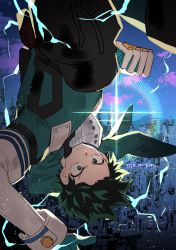 Rule 34 | 1boy, absurdres, bodysuit, boku no hero academia, building, cityscape, clenched hand, closed mouth, cloud, electricity, freckles, full cowling (boku no hero academia), gloves, green bodysuit, green eyes, green hair, highres, hood, hood down, hooded bodysuit, lens flare, looking at viewer, male focus, midoriya izuku, misa (jjin miryeon), outdoors, short hair, signature, skyscraper, solo, twitter username, upside-down, white gloves