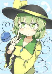 Rule 34 | 1girl, :/, antique phone, black hat, blouse, blue background, blue shirt, blush, bow, breasts, buttons, closed mouth, collar, collared shirt, diamond button, eyeball, finger to cheek, frilled collar, frilled shirt collar, frilled sleeves, frills, green bow, green eyes, green hair, green shirt, hat, hat bow, heart, heart of string, index finger raised, komeiji koishi, long sleeves, looking to the side, matsu kitsune, medium breasts, phone, raised eyebrow, rotary phone, shirt, short hair, solo, string, third eye, touhou, upper body, wide sleeves